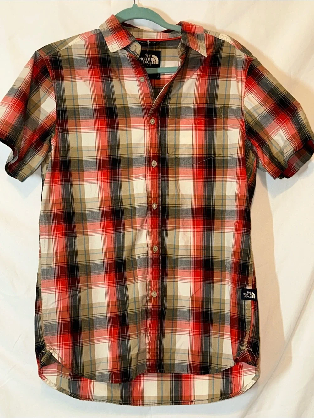 The North Face Red and Olive Plaid Short-Sleeve Button-Down Shirt